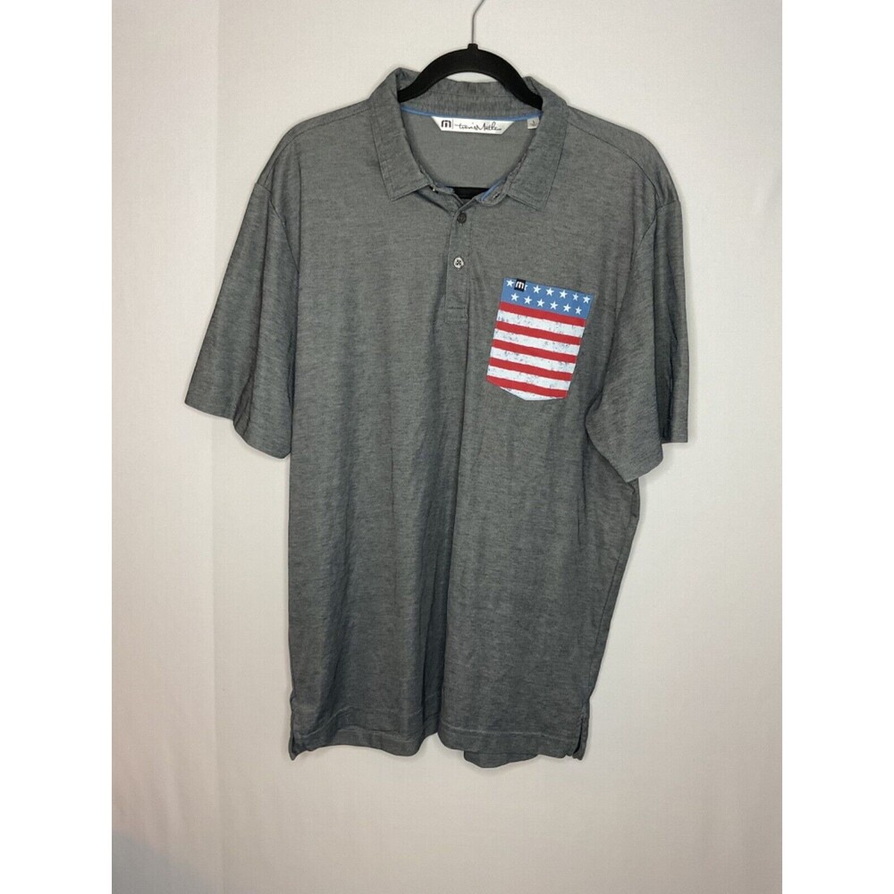Travis Mathew Shirt Mens Large Gray Short Sleeve Polo Solid American Flag Pocket